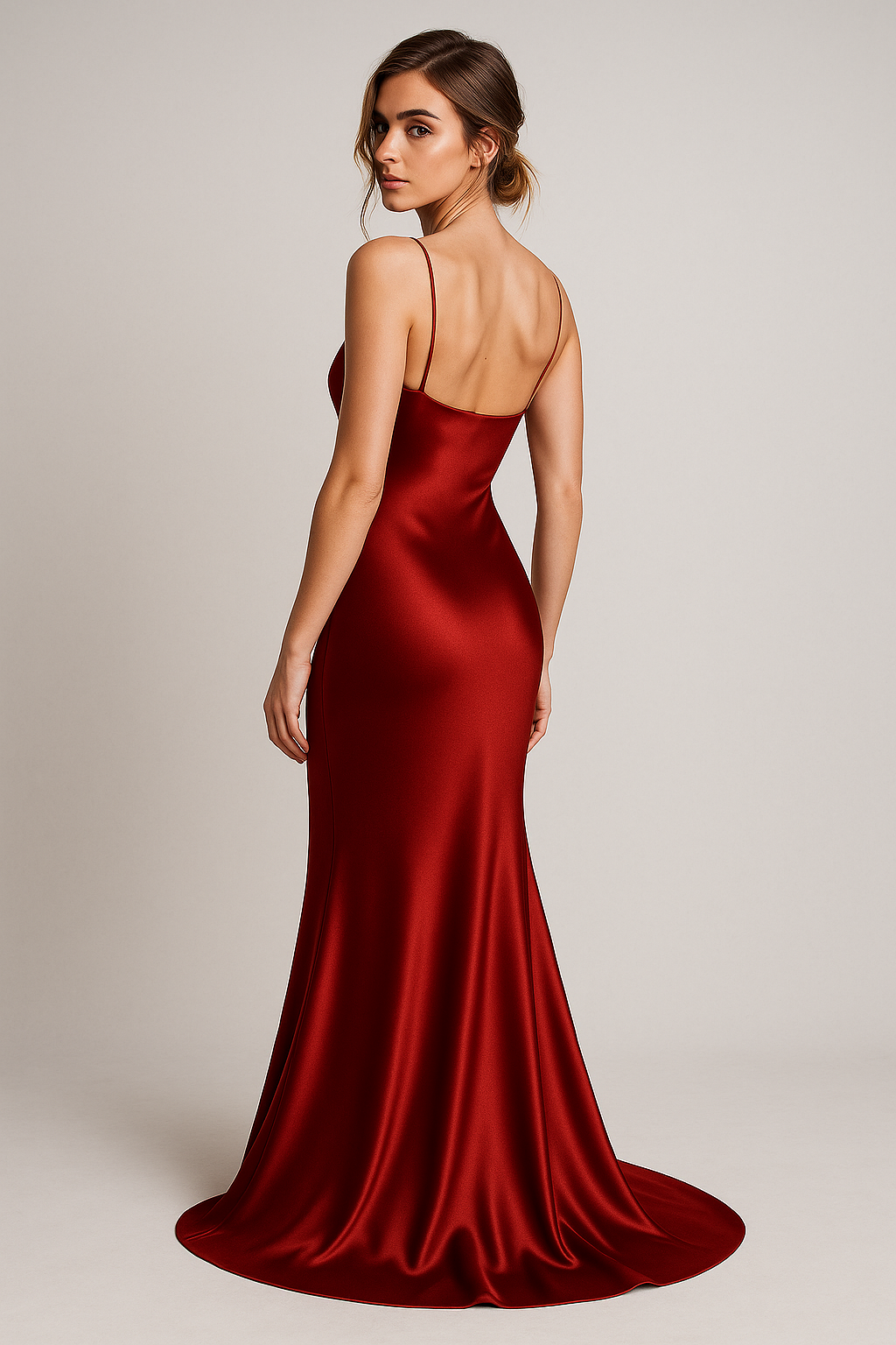 Mia | Satin Maxikleid mit Wasserfallausschnitt und Spaghettiträgern – Eleganz in tiefem Rot