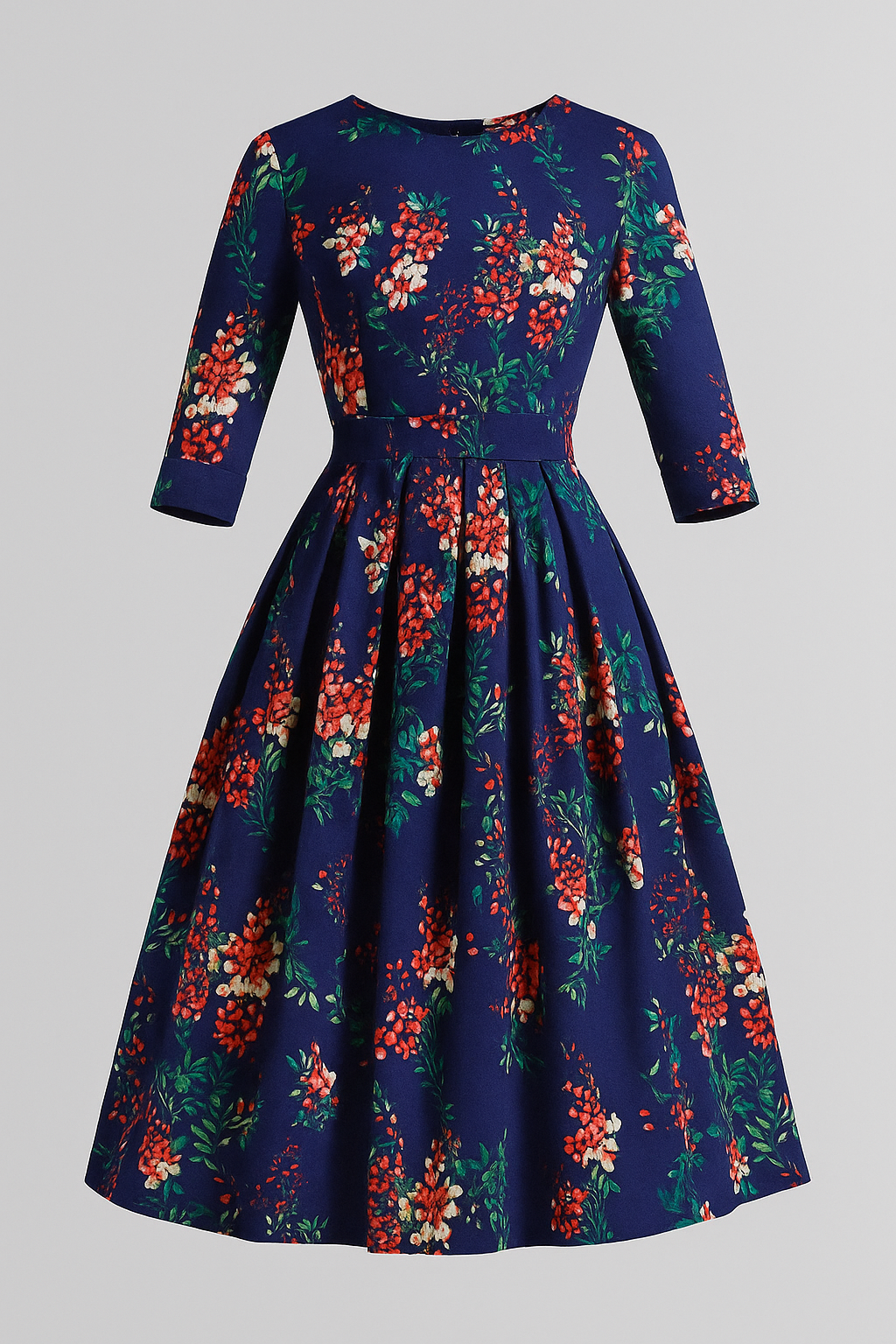 Retrozo | Elegantes Midikleid mit Blumenmuster und 3/4-Ärmeln