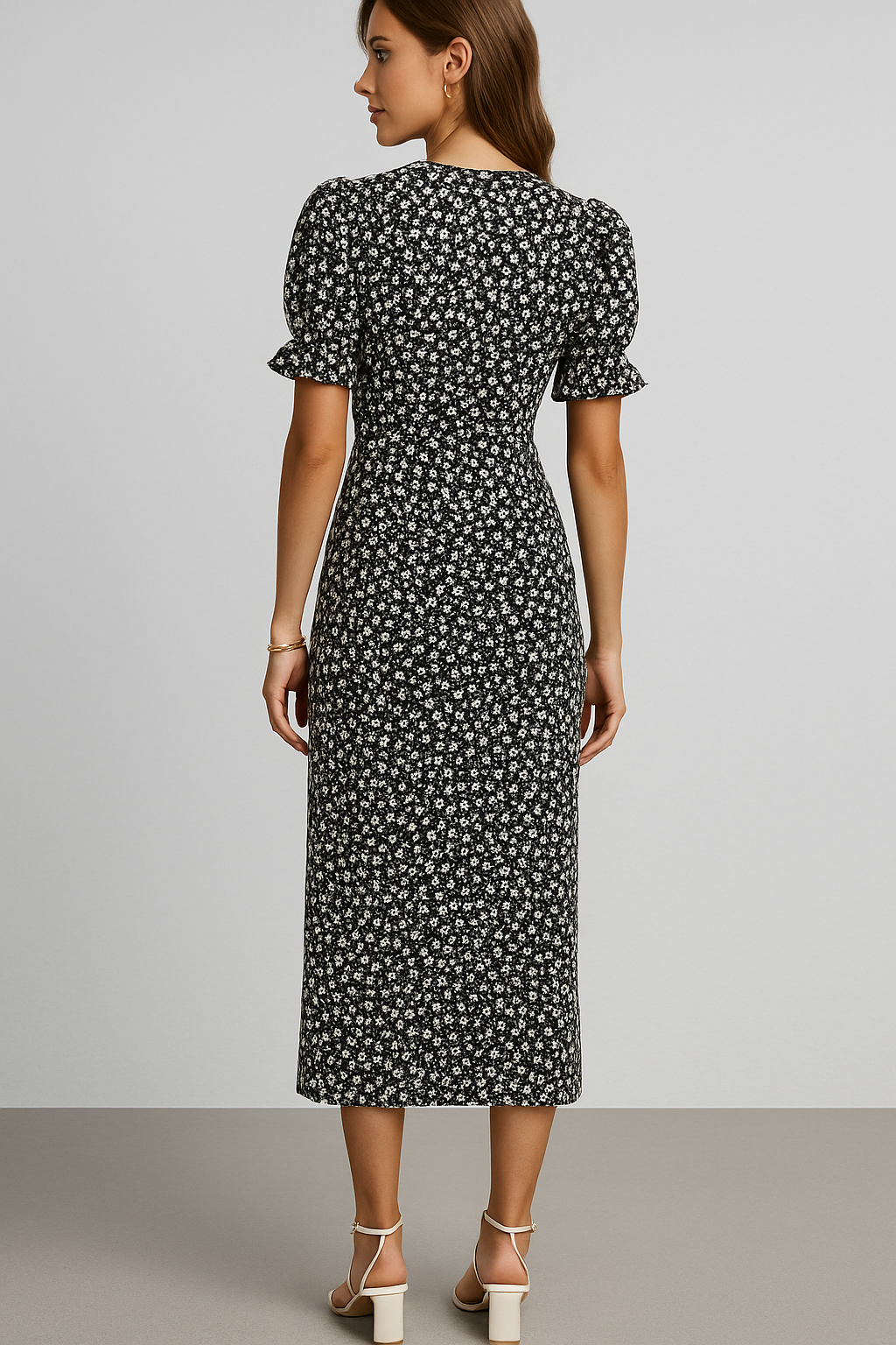 Marie | Geblümtes Midikleid mit V-Ausschnitt und seitlichen Knöpfen