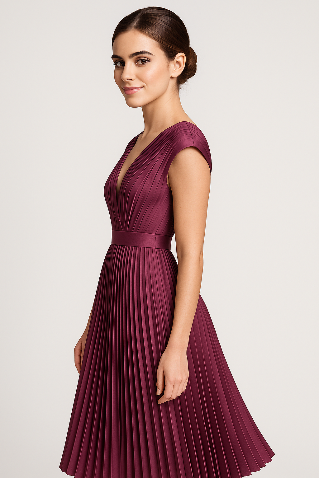 Amora | Damen Elegantes Plissee-Midikleid mit V-Ausschnitt