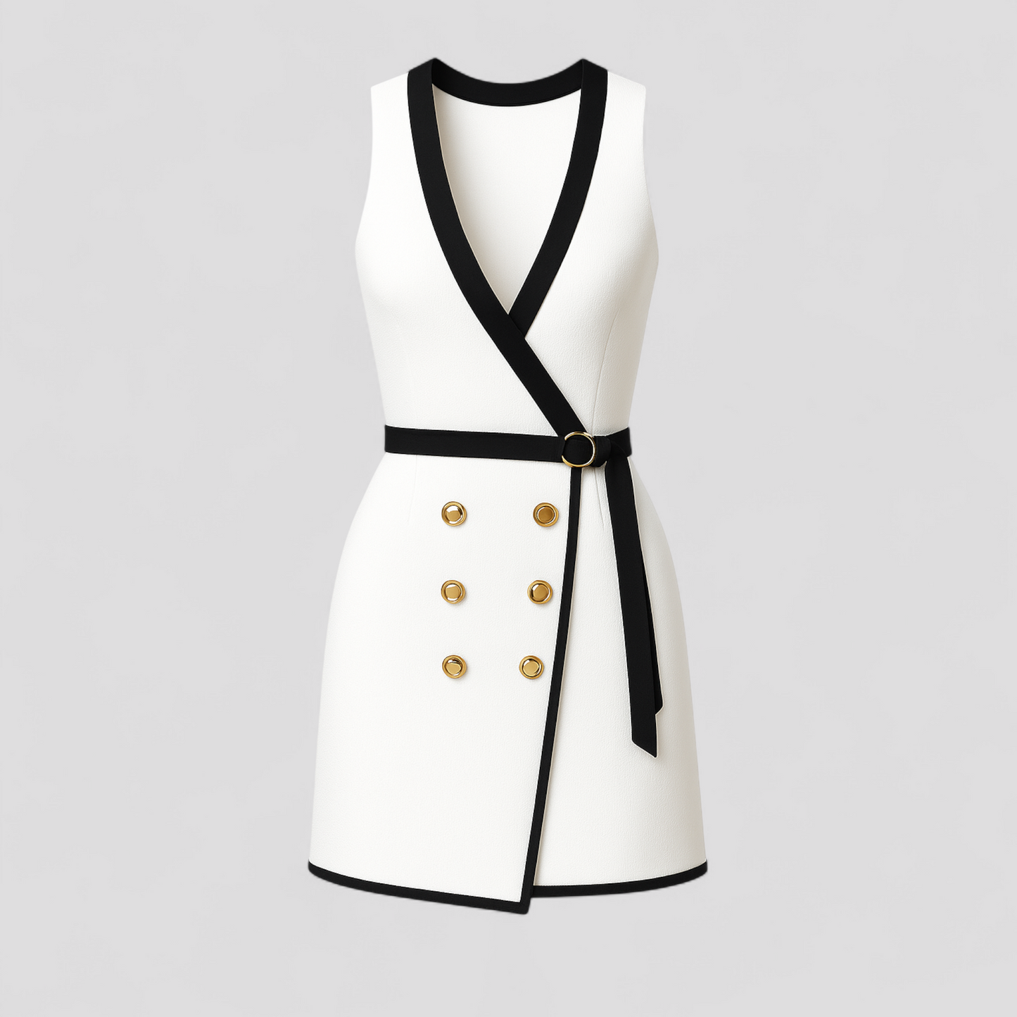 Victoria | Elegantes Weiß-Schwarz Wickel-Minikleid mit Goldknöpfen