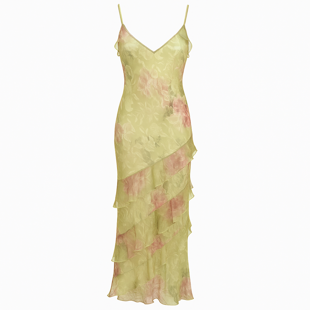 Aurora | Schluppenkleid – Pastellblumen und elegante Lagen