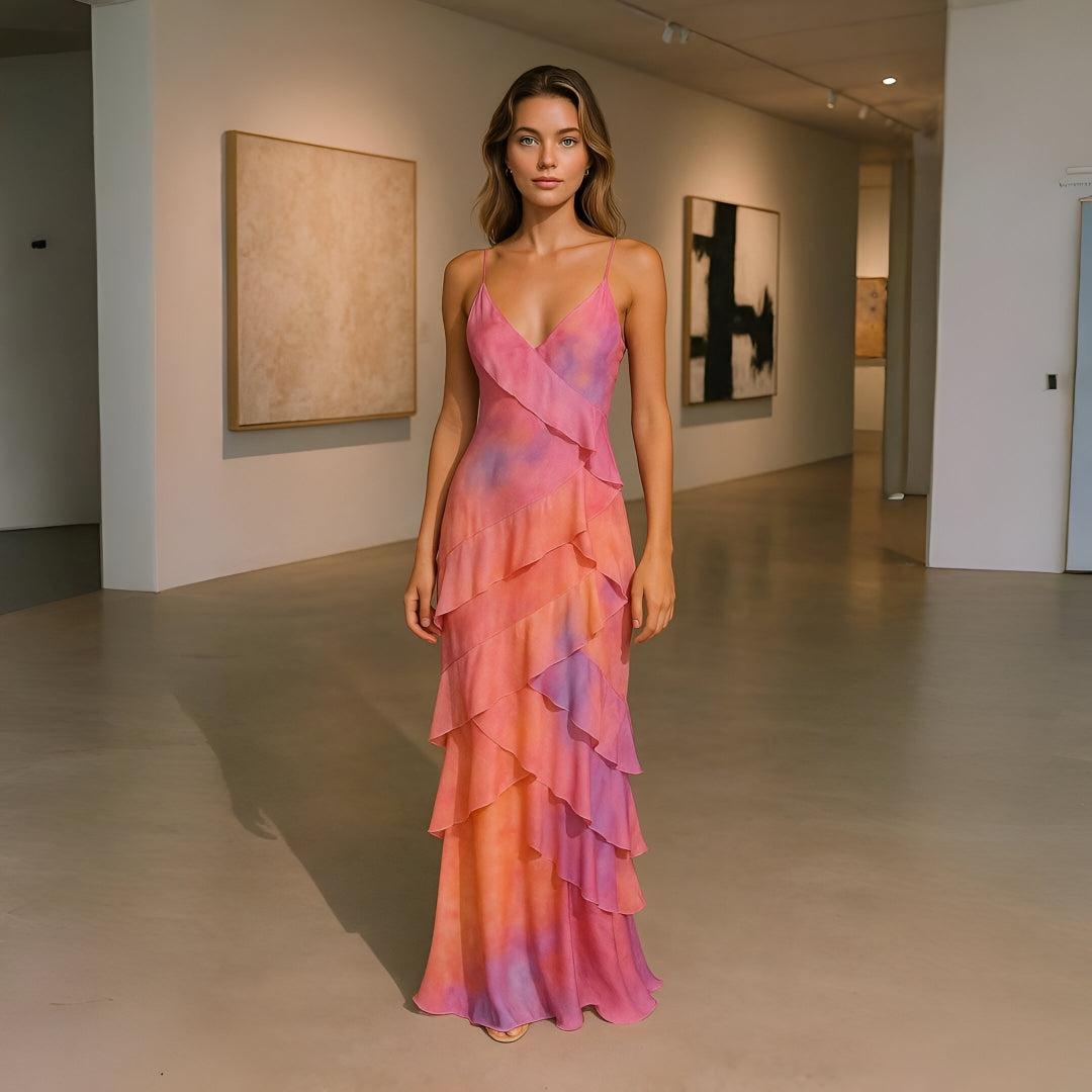 Aurora | Schluppenkleid – Pastellblumen und elegante Lagen