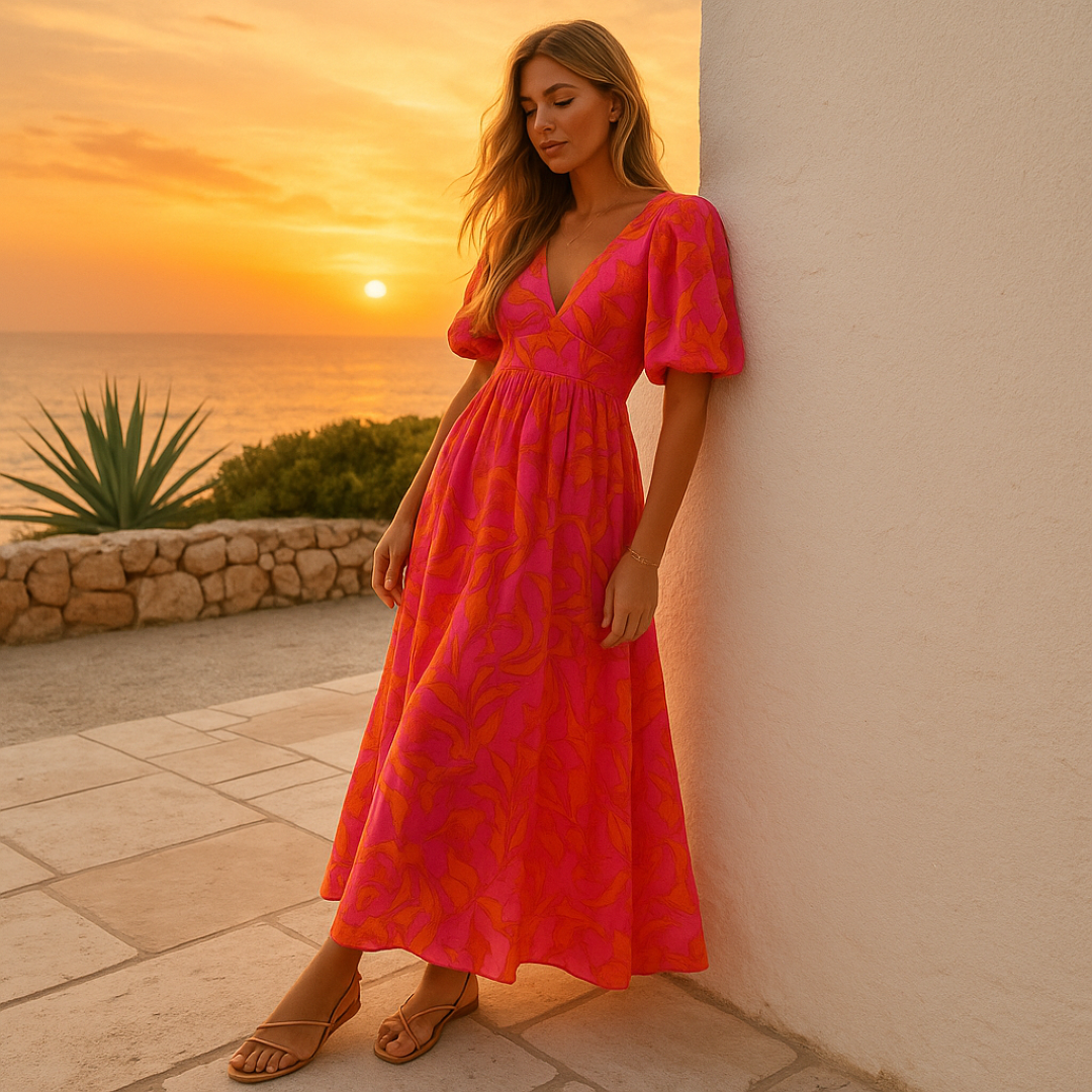 Nina | Lebhaft besticktes langes Kleid mit Puffärmeln