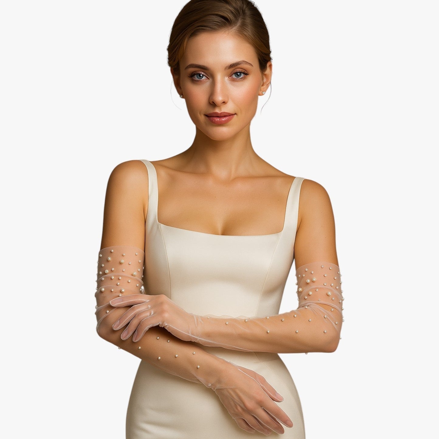 Vivian | Elegante Brauthandschuhe aus Tüll mit zarten Perlen, lang und leicht