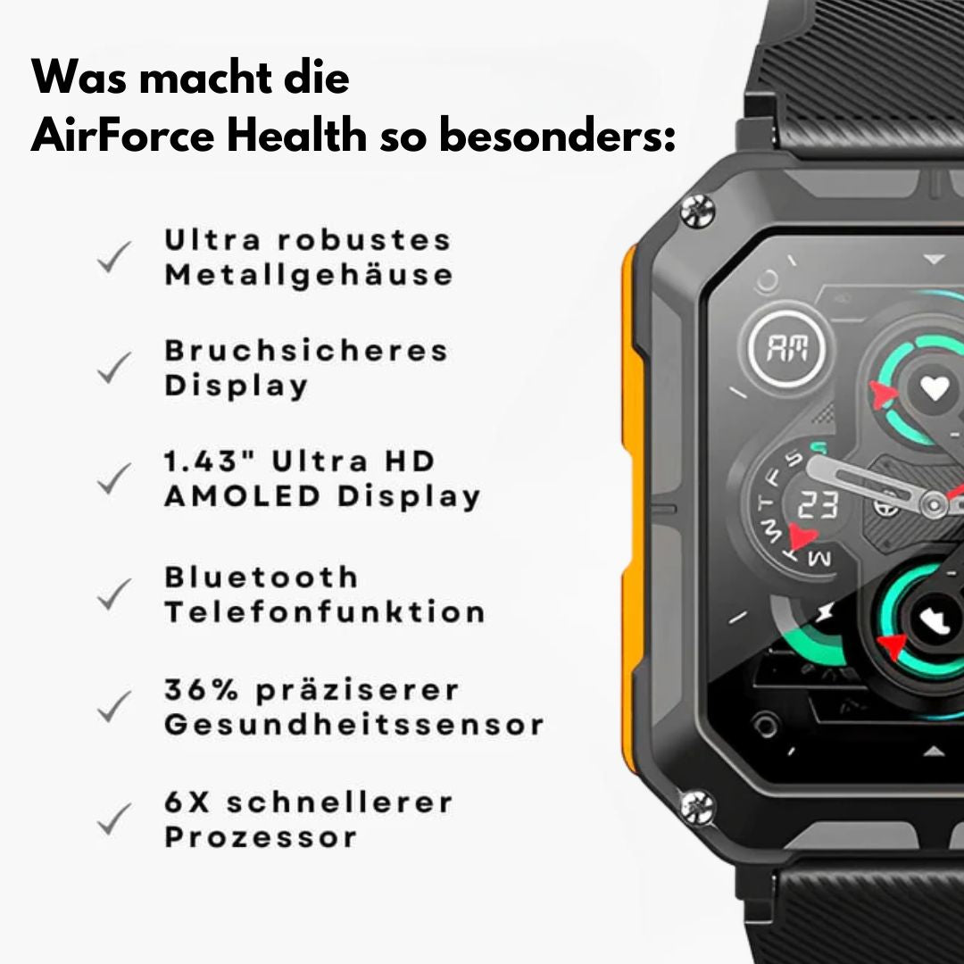 AirForce Health K52 - die unzerstörbare Militär-Smartwatch mit Echtzeit Herzfrequenzmesser, Blutdruck-/Sauerstoff-Tracker