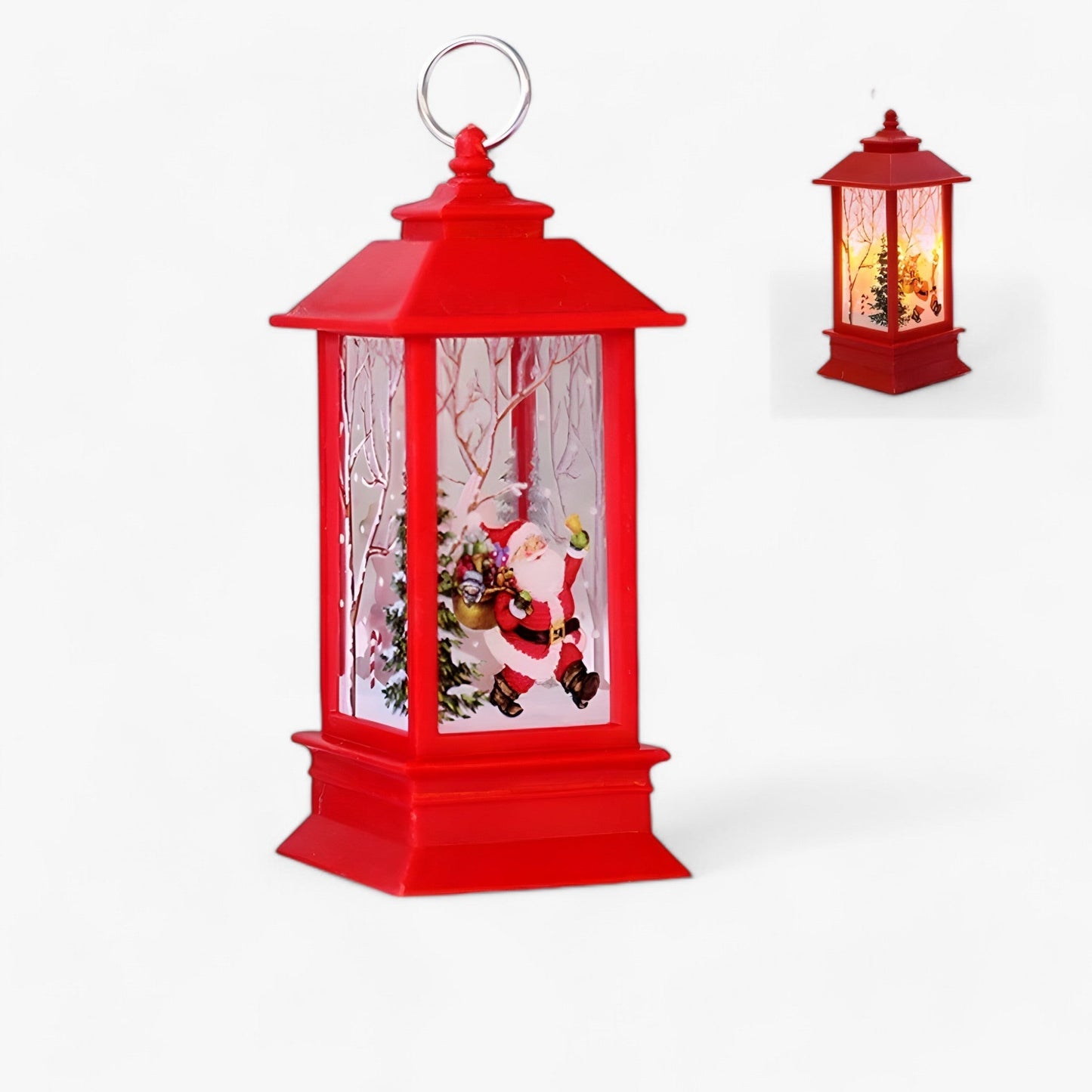 Beleuchtete Laterne mit Schneemann und Weihnachtsmann – festlicher Baumschmuck und Heimdekoration