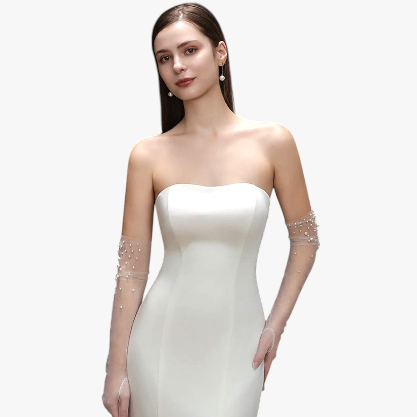 Vivian | Elegante Brauthandschuhe aus Tüll mit zarten Perlen, lang und leicht