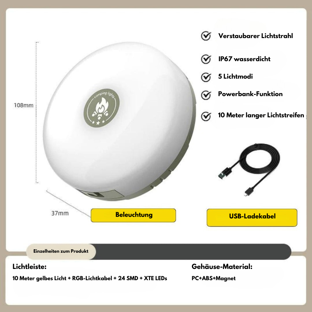 Atmospheric Light Roller™ | Nie wieder ohne Licht: tragbare und wiederaufladbare Außenbeleuchtung