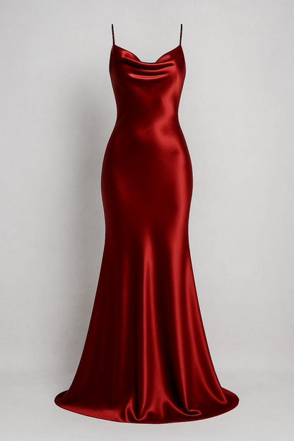 Mia | Satin Maxikleid mit Wasserfallausschnitt und Spaghettiträgern – Eleganz in tiefem Rot