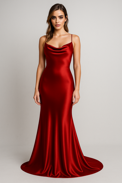 Mia | Satin Maxikleid mit Wasserfallausschnitt und Spaghettiträgern – Eleganz in tiefem Rot