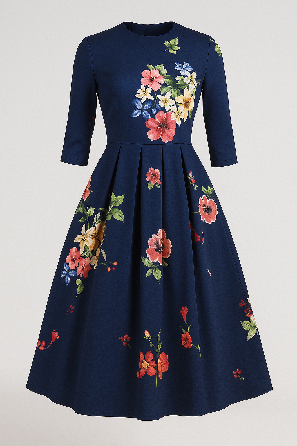 Retrozo | Elegantes Midikleid mit Blumenmuster und 3/4-Ärmeln