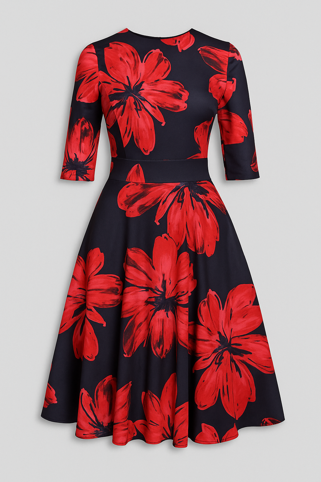 Retrozo | Elegantes Midikleid mit Blumenmuster und 3/4-Ärmeln