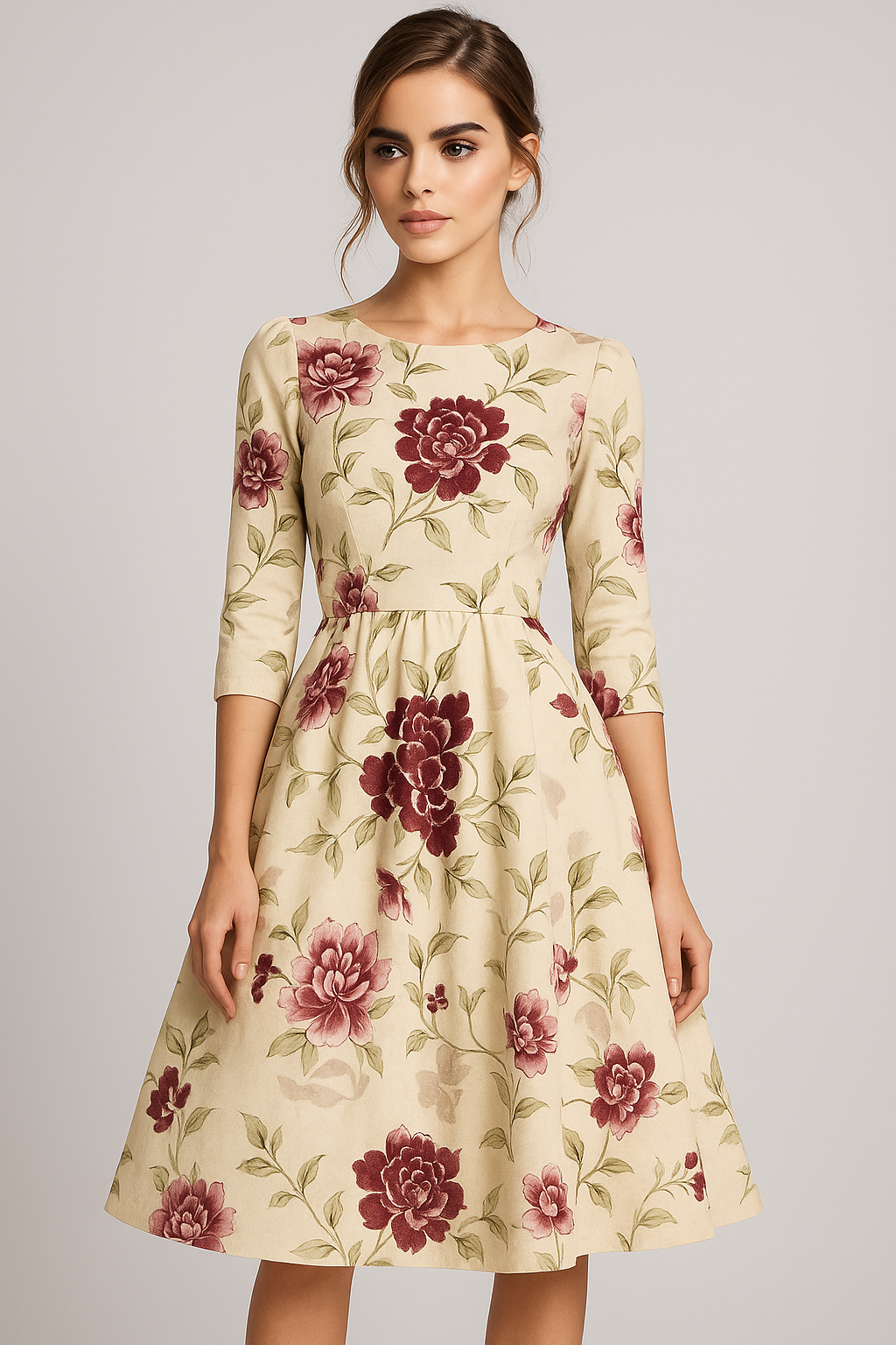 Retrozo | Elegantes Midikleid mit Blumenmuster und 3/4-Ärmeln