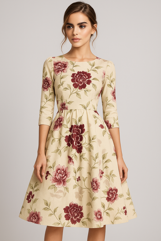 Retrozo | Elegantes Midikleid mit Blumenmuster und 3/4-Ärmeln