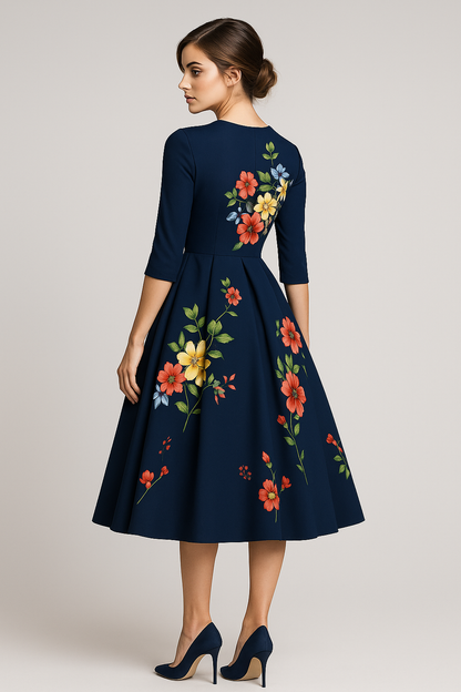 Retrozo | Elegantes Midikleid mit Blumenmuster und 3/4-Ärmeln