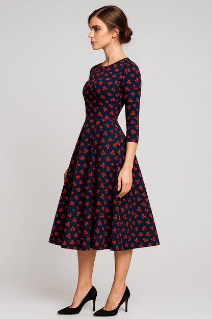 Retrozo | Elegantes Midikleid mit Blumenmuster und 3/4-Ärmeln