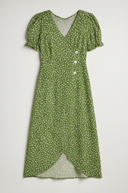 Marie | Geblümtes Midikleid mit V-Ausschnitt und seitlichen Knöpfen