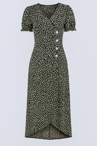 Marie | Geblümtes Midikleid mit V-Ausschnitt und seitlichen Knöpfen