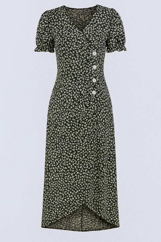 Marie | Geblümtes Midikleid mit V-Ausschnitt und seitlichen Knöpfen