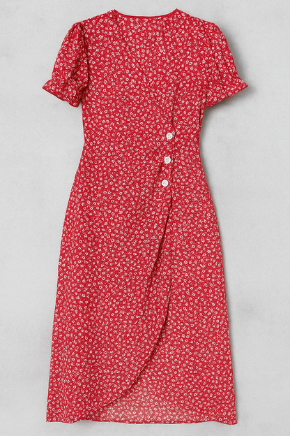 Marie | Geblümtes Midikleid mit V-Ausschnitt und seitlichen Knöpfen