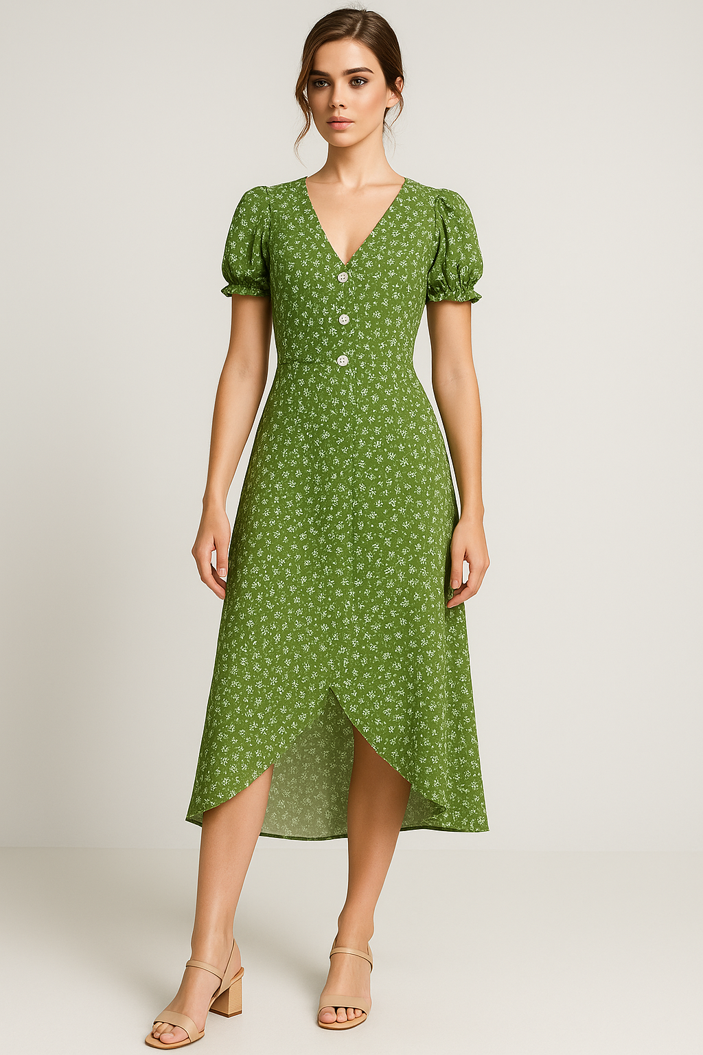 Marie | Geblümtes Midikleid mit V-Ausschnitt und seitlichen Knöpfen