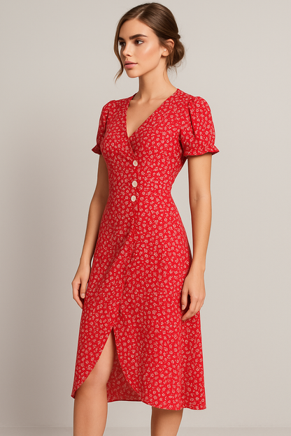 Marie | Geblümtes Midikleid mit V-Ausschnitt und seitlichen Knöpfen