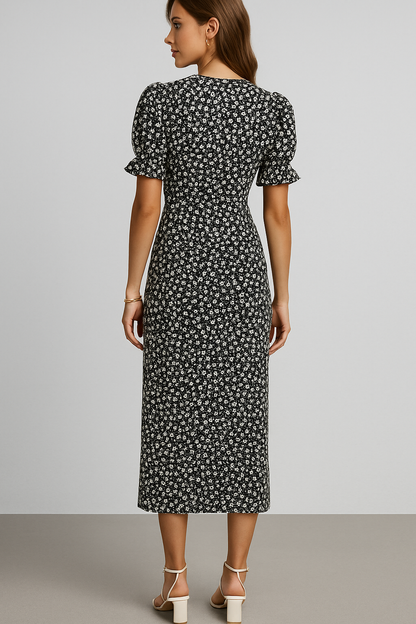 Marie | Geblümtes Midikleid mit V-Ausschnitt und seitlichen Knöpfen