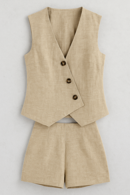 Zoya | Damen Sommer-Zweiteiler mit Wickel-Top & Shorts aus Leinenmischung