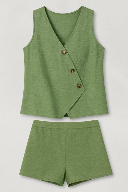 Zoya | Damen Sommer-Zweiteiler mit Wickel-Top & Shorts aus Leinenmischung