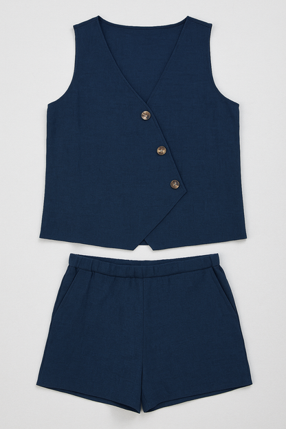 Zoya | Damen Sommer-Zweiteiler mit Wickel-Top & Shorts aus Leinenmischung