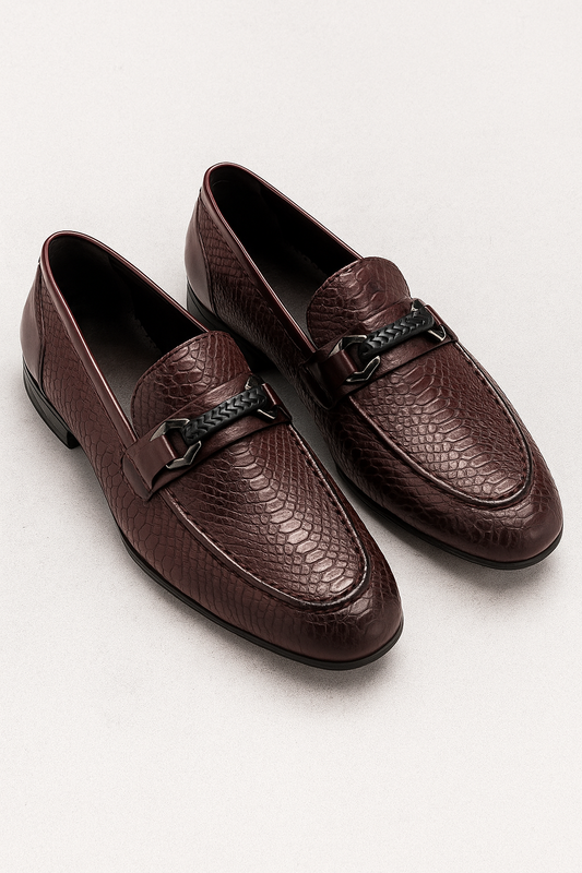 Leif | Herren Leder-Loafers mit Schlangenprägung in Dunkelbraun