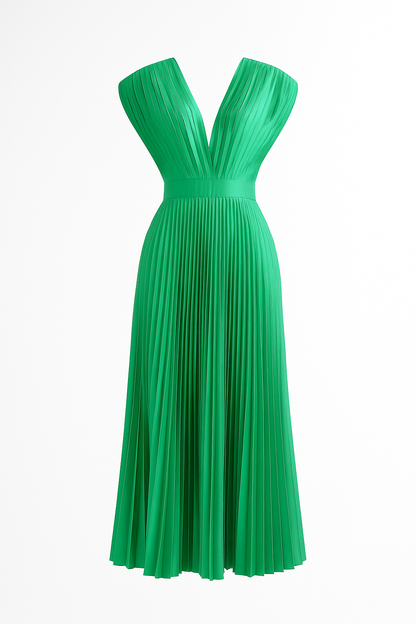 Amora | Damen Elegantes Plissee-Midikleid mit V-Ausschnitt