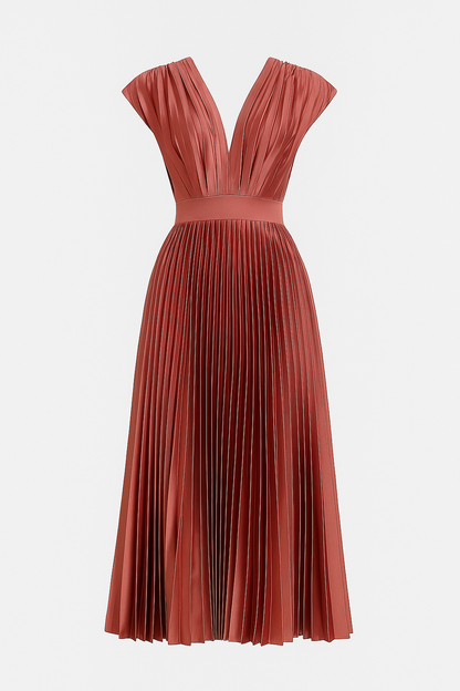 Amora | Damen Elegantes Plissee-Midikleid mit V-Ausschnitt