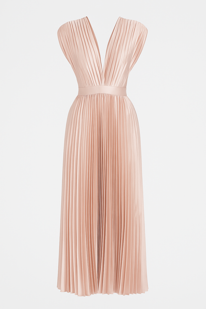 Amora | Damen Elegantes Plissee-Midikleid mit V-Ausschnitt