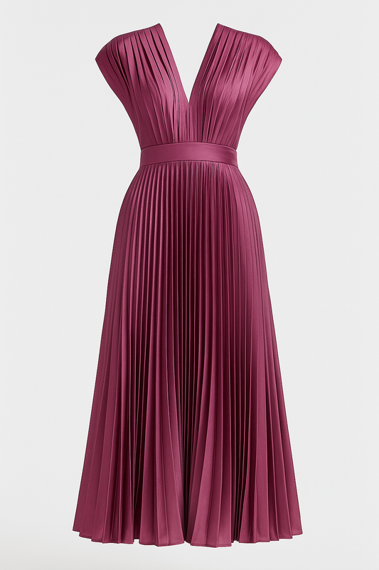 Amora | Damen Elegantes Plissee-Midikleid mit V-Ausschnitt