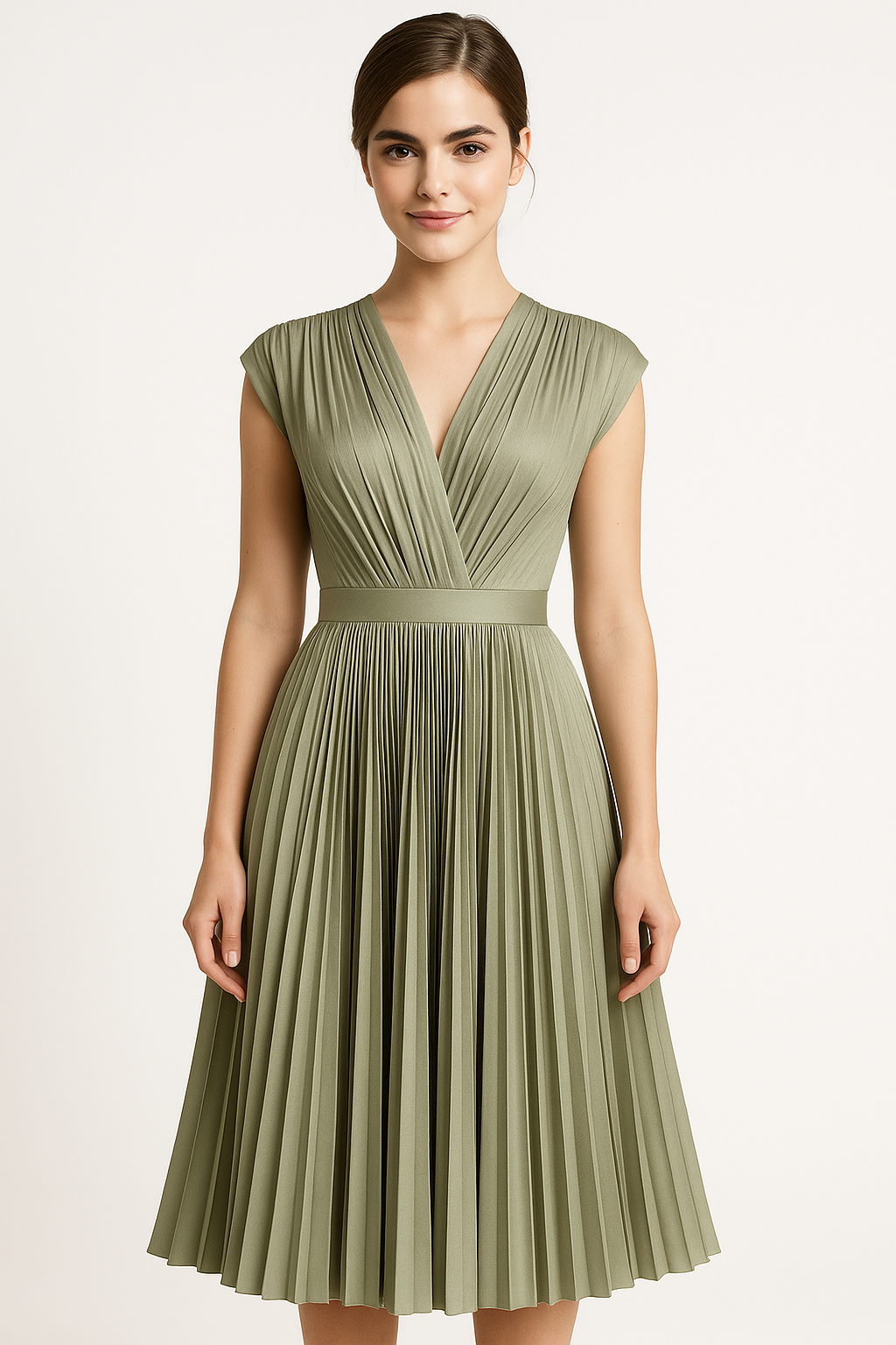 Amora | Damen Elegantes Plissee-Midikleid mit V-Ausschnitt