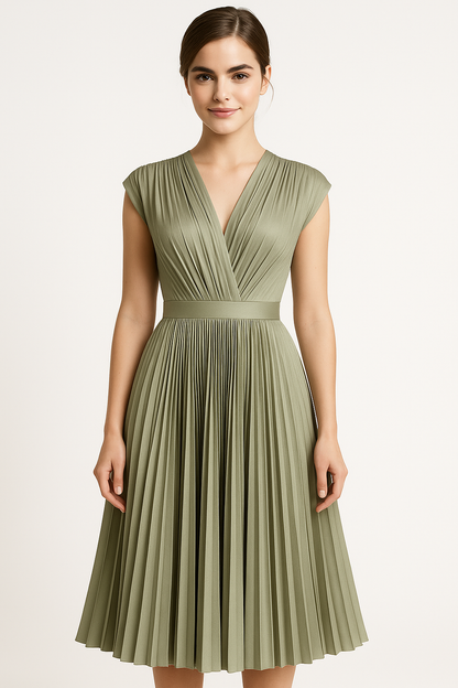 Amora | Damen Elegantes Plissee-Midikleid mit V-Ausschnitt