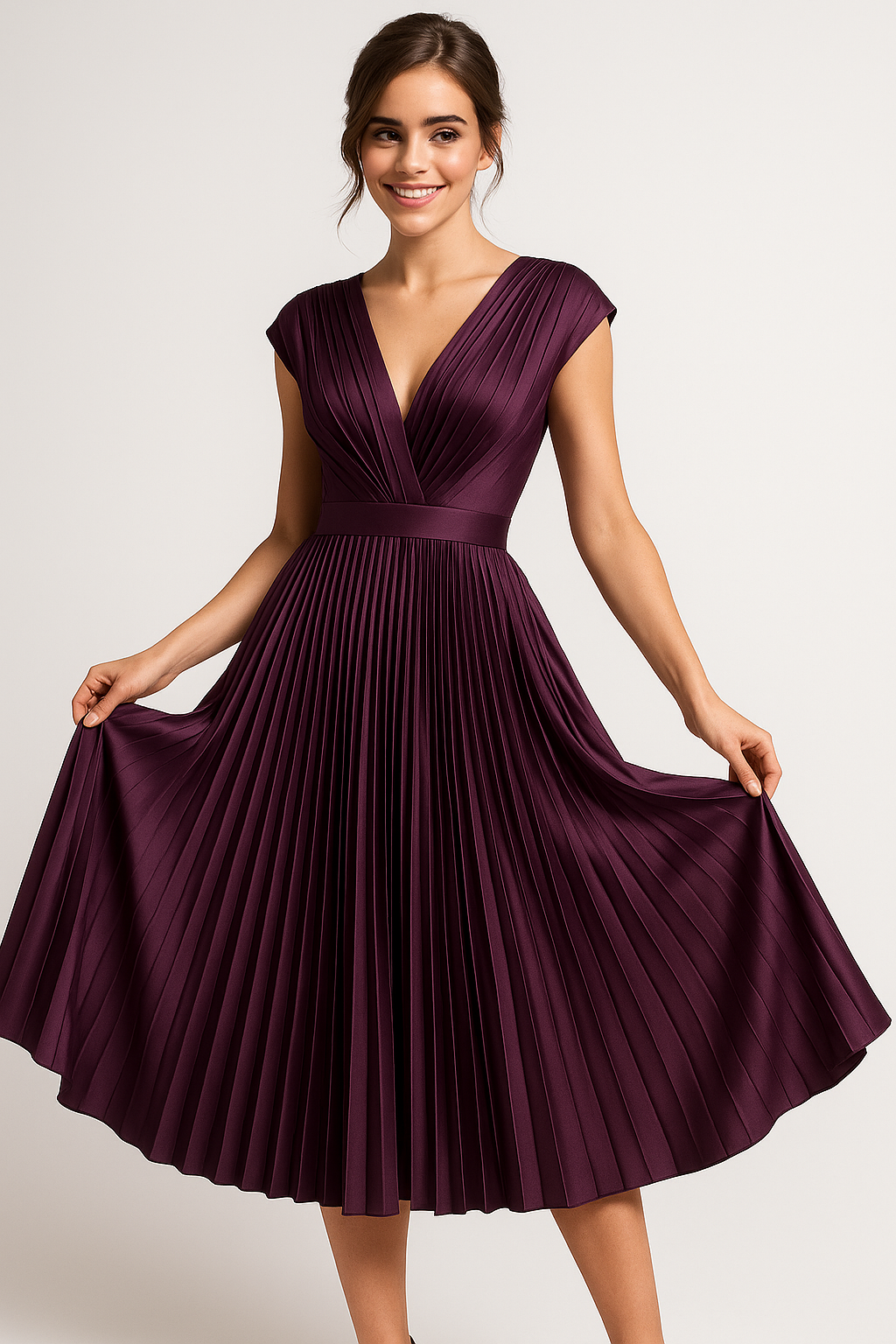 Amora | Damen Elegantes Plissee-Midikleid mit V-Ausschnitt