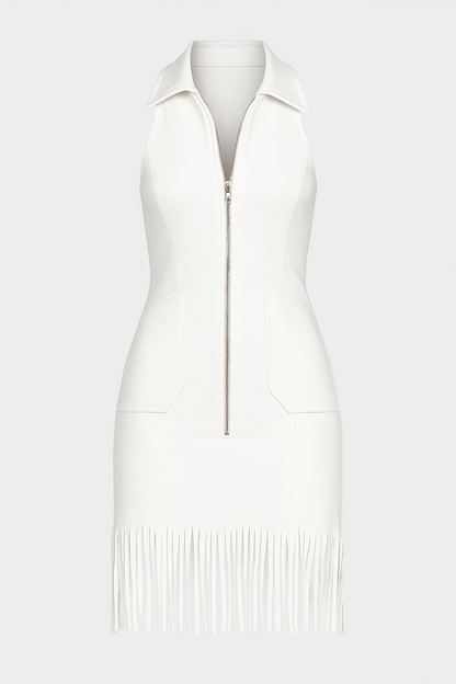 Savannah | Weißes Minikleid mit Fransen und Reißverschluss
