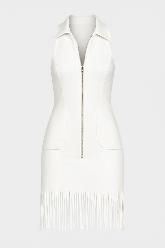 Savannah | Weißes Minikleid mit Fransen und Reißverschluss