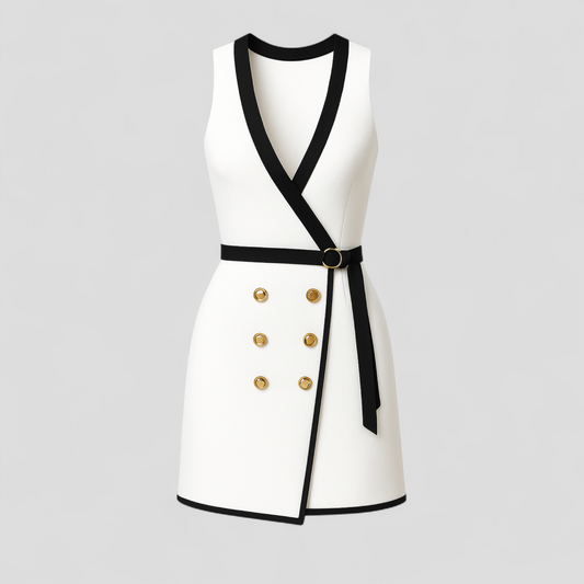 Victoria | Elegantes Weiß-Schwarz Wickel-Minikleid mit Goldknöpfen