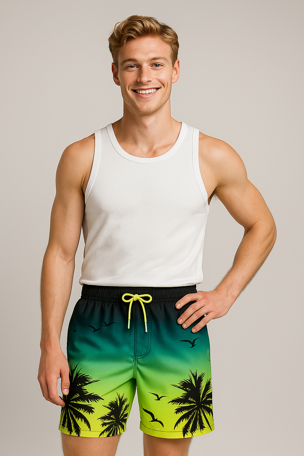 Kai | Herren Badeshorts mit Palmen-Sunset-Print