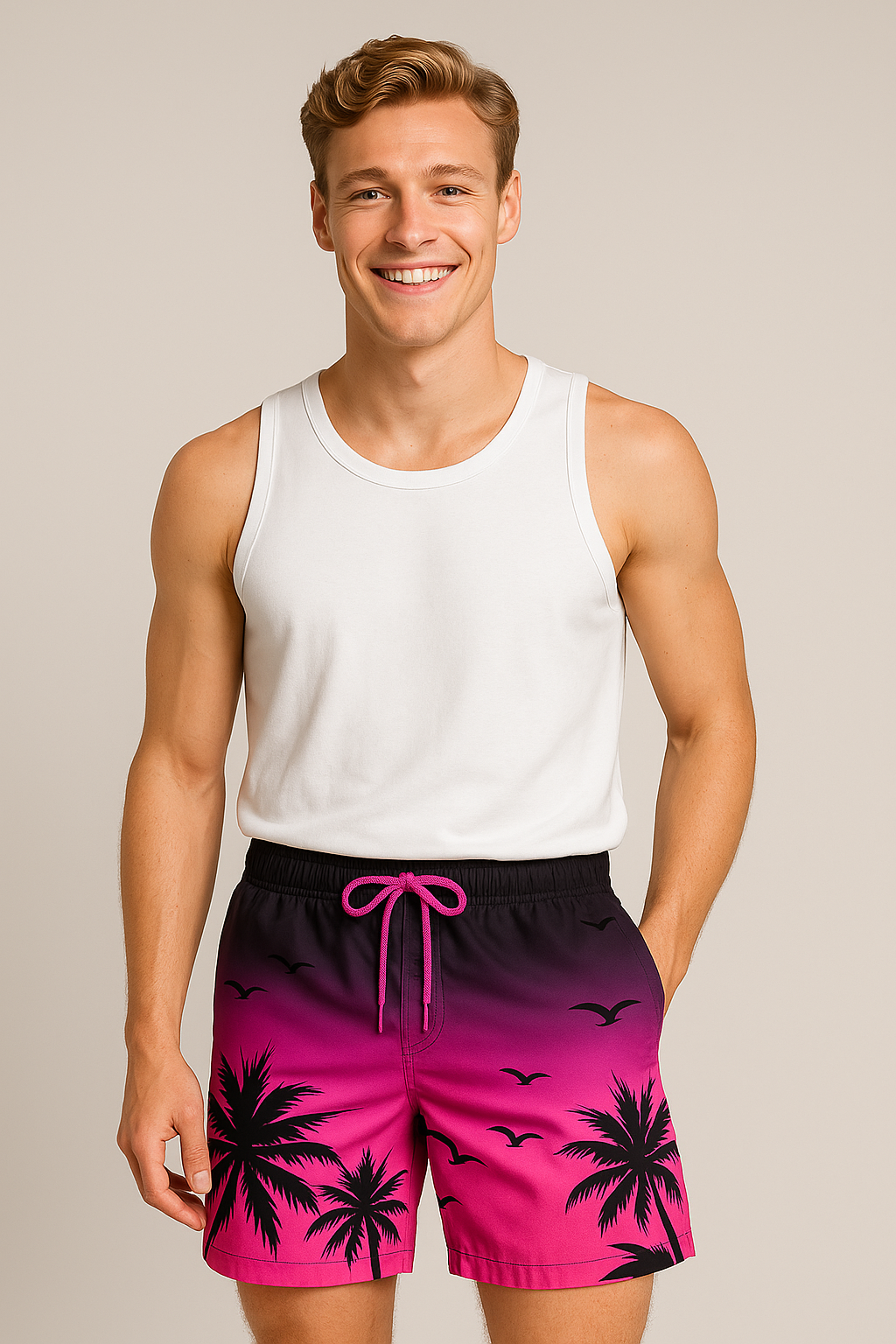 Kai | Herren Badeshorts mit Palmen-Sunset-Print