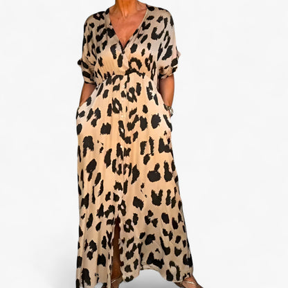 Carmen | Langes Damenkleid mit Leopardenmuster