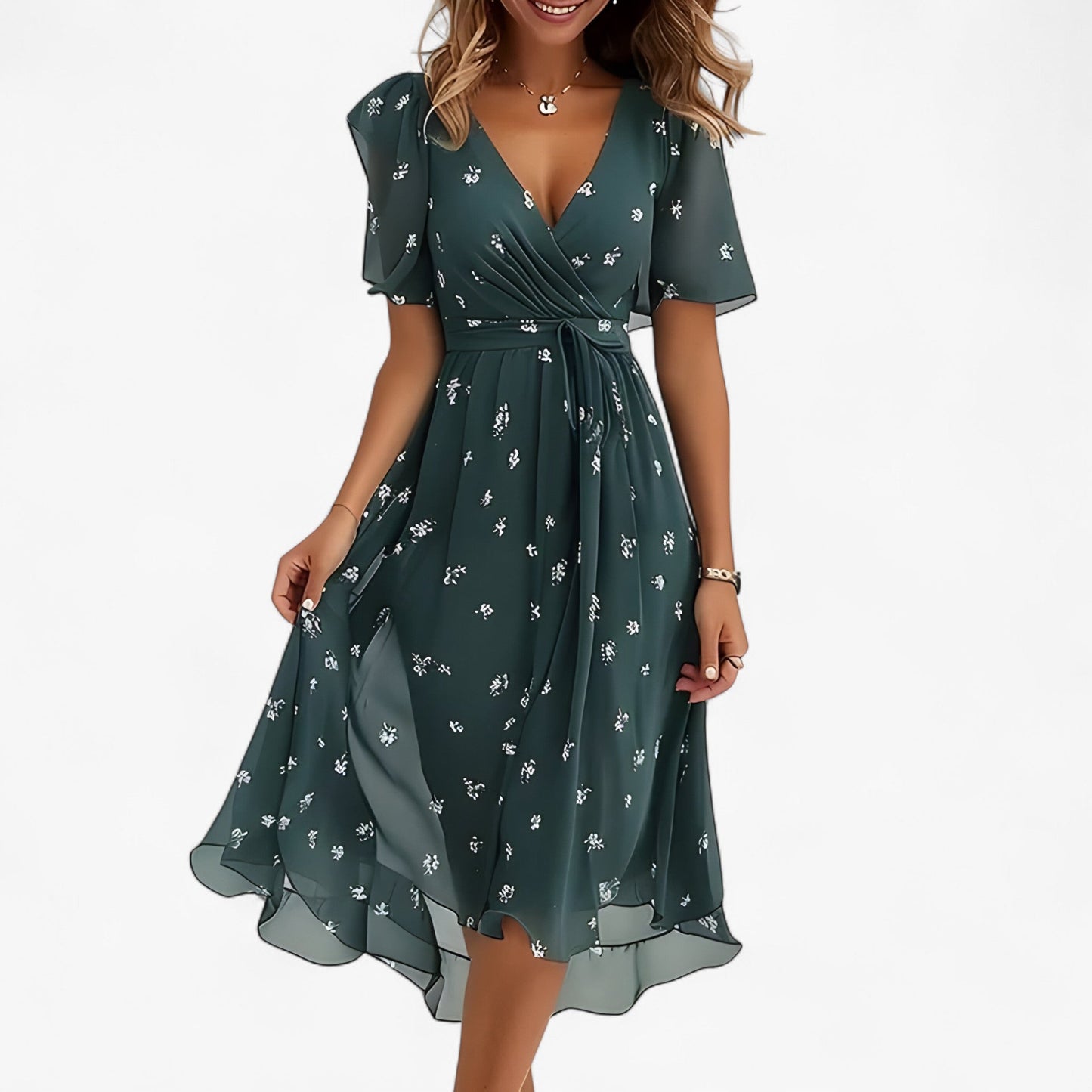 Emilia | Elegantes Midi-Kleid mit neutralem Blumenmuster