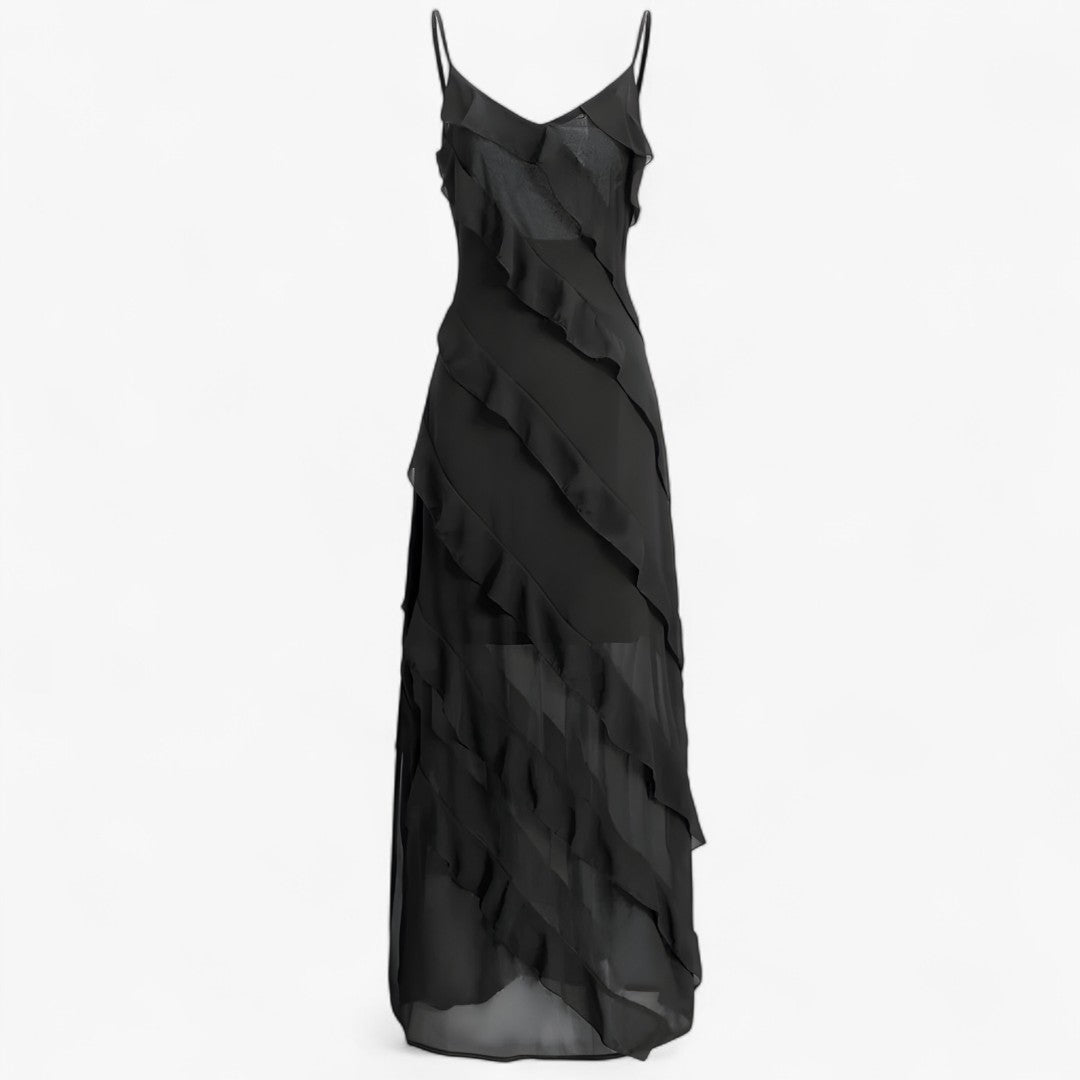 Grace | Langkleid mit dünnen Trägern und schichtigem Volant