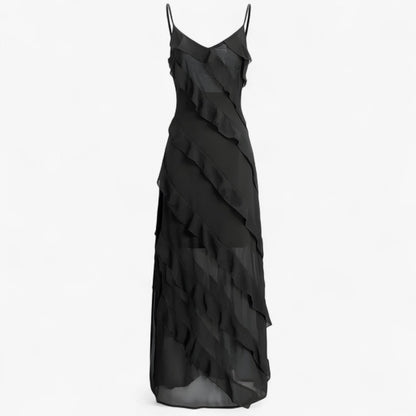 Grace | Langkleid mit dünnen Trägern und schichtigem Volant