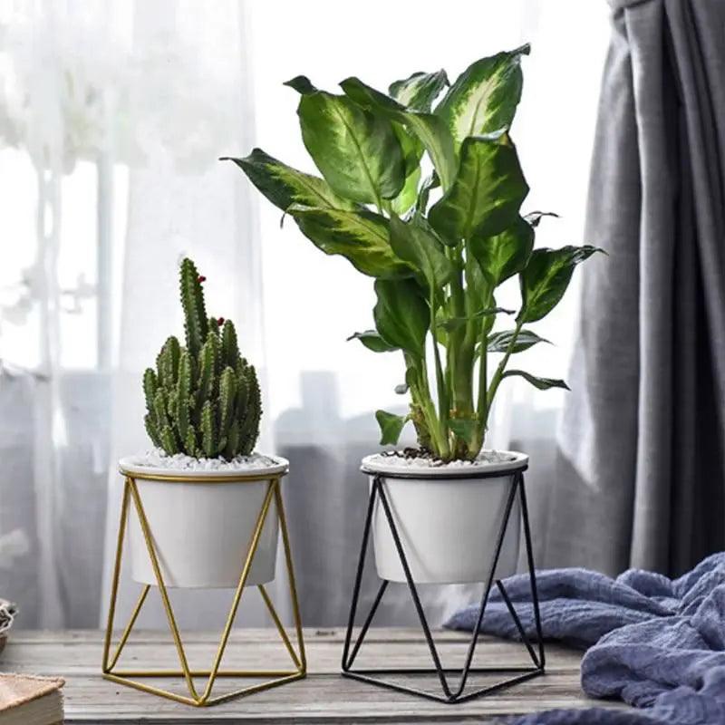 Blumentopf aus Keramik mit Eisenständer | Moderner Übertopf für Luftpflanzen und Sukkulenten