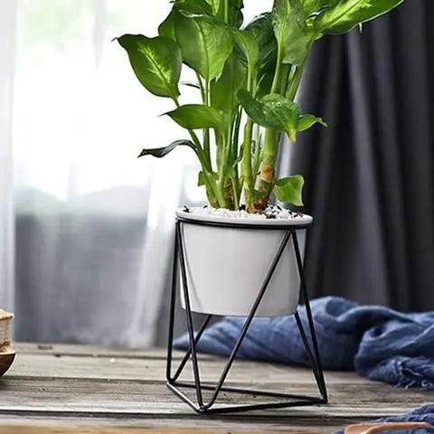 Blumentopf aus Keramik mit Eisenständer | Moderner Übertopf für Luftpflanzen und Sukkulenten